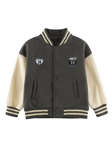 Veste Varsity Décontractée pour Enfants Doublée en Polaire Mélange de Coton Color Block Broderie Manteau de Baseball