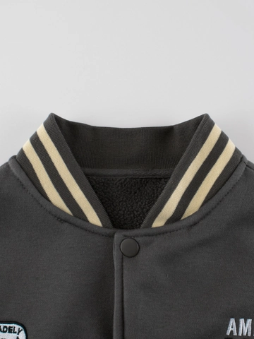 Veste Varsity Décontractée pour Enfants Doublée en Polaire Mélange de Coton Color Block Broderie Manteau de Baseball
