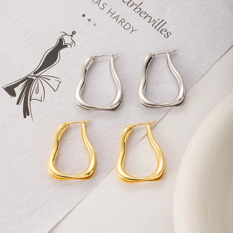 Irregular Geometric Wave U-Shaped Hoop Earrings For Women Brass Metal High Polish Minimalist Vintage Style Jewelry