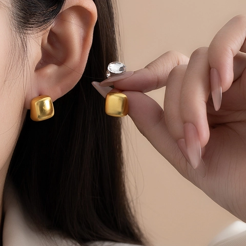 Minimalist Geometric Square Stud Earrings Brushed Matte Copper Cube Modern Jewelry For Women
