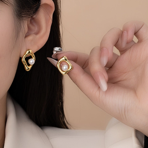 Geometrische Kunstparel Oorknopjes Onregelmatige Vloeibare Metaalstijl Koper Minimalistische Franse Vintage Sieraden Voor Vrouwen