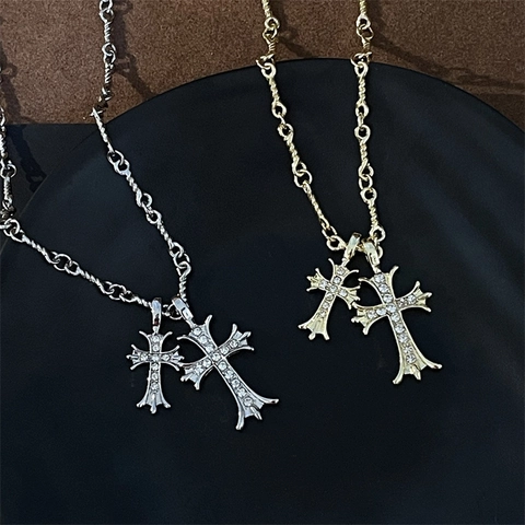 Gotische Kreuz Anhänger Halskette Geschichteter Kreuz Legierung Strass Retro Lange Pulloverkette Für Damen Spicy Girl Style