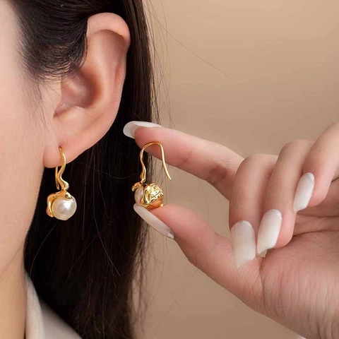 Pendientes De Perlas Artificiales Con Metal De Latón De Lava Irregular Joyas Geométricas Minimalistas Vintage Para Mujeres