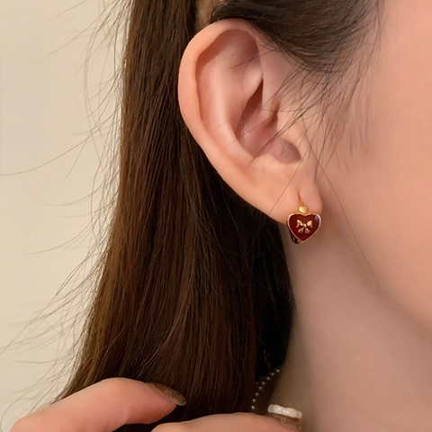 Messing Herzförmige Creolen Mit Emaille Schleife Dekor Retro Eleganter Schmuck Für Damen