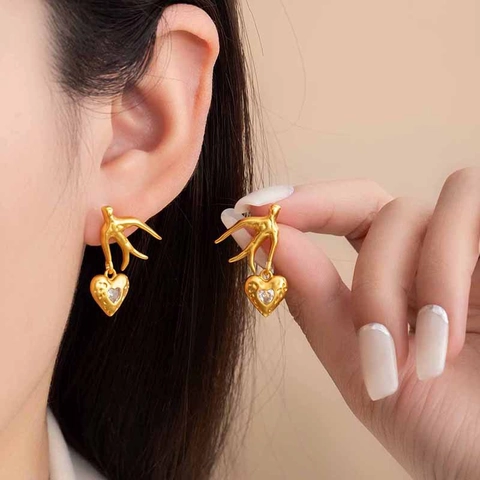 Swallow Bird Heart Dangle Earrings Brass Zircon Hammered Texture Vintage Elegant Jewelry Women