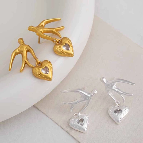 Swallow Bird Heart Dangle Earrings Brass Zircon Hammered Texture Vintage Elegant Jewelry Women