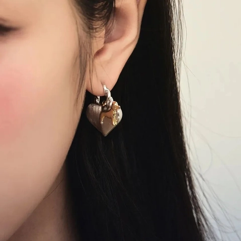 Heart Puppy Stud Earrings Copper Bicolor Silver And Gold Cute Animal Dog Jewelry For Women Unique Gift