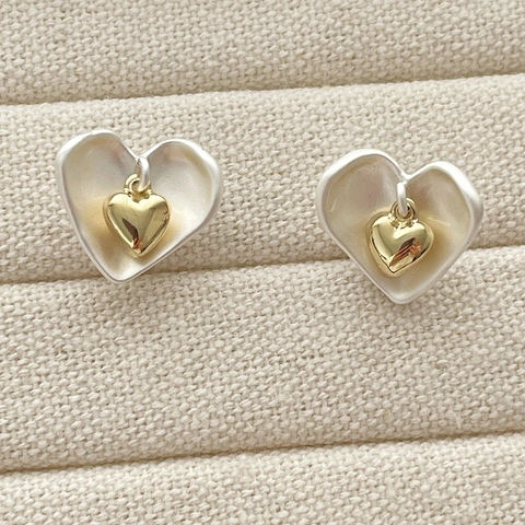 Pendientes De Botón Corazón Latón Doble Capa Color Contrastado Oro Y Blanco Textura Cepillada Joyería Regalo Para Mujeres