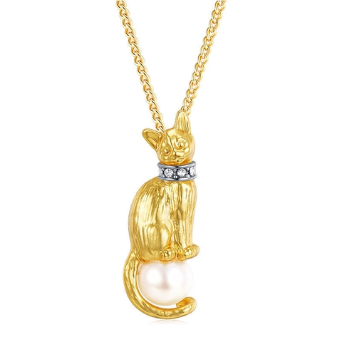 Lindo Collar Con Colgante De Gatito Dorado Con Perla Artificial De Imitación Y Cuello De Circón Cadena De Cobre Joyas Para Mujer