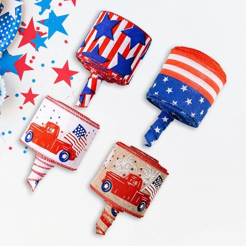 US Unabhängigkeitstag Dekoband Rolle Roter Truck Amerikanische Flagge Sterne Streifen Stoff Drahtkante Patriotische Deko