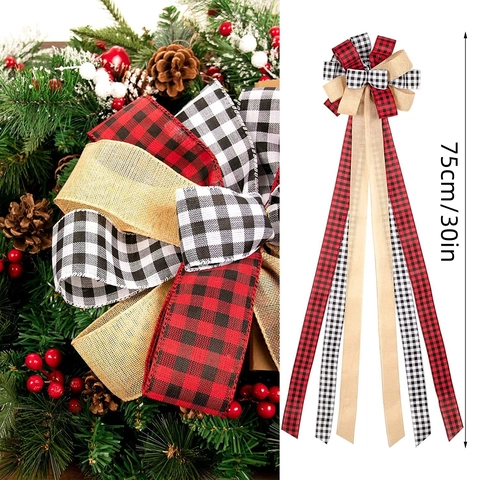 Grand Nœud de Sommet de Sapin de Noël Buffalo Plaid Toile de Jute Décoration de Sapin de Noël Style Ferme Nœud Multi Couches Avec Longs Rubans Décoration