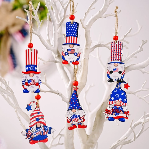Gnomi di Legno per il Giorno dell'Indipendenza Ornamenti Appesi Con Scatola di Legno Patriotico USA Stelle e Strisce Gnomo Ciondoli