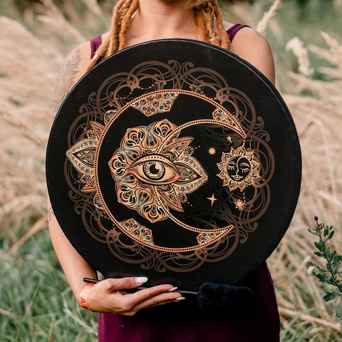 Tambor Chamánico Vegano Marco De Madera Con Mazo Ojo Que Todo Lo Ve Luna Sol Instrumento De Ritual Místico Bohemio