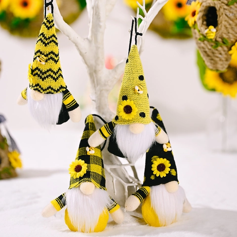Bumblebee Sunflower Gnome Hanging Ornament Faceless Plush Doll Knitted Hat Long Beard Spring Home Party Decoration