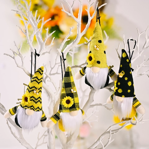 Bumblebee Sunflower Gnome Hanging Ornament Faceless Plush Doll Knitted Hat Long Beard Spring Home Party Decoration