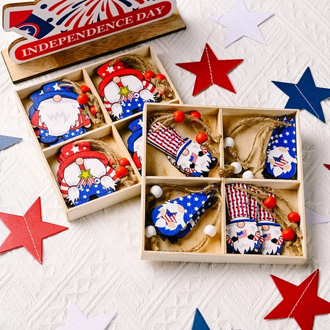 Ornamenti Di Gnomi In Legno Per Il Giorno Dell'Indipendenza Decorazioni Appese Patriottiche Stelle E Strisce Rosso Bianco Blu