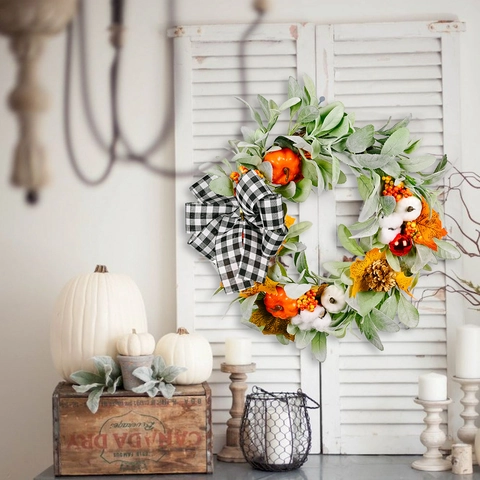 Autumn Harvest Pumpkin Cotton Wreath With Buffalo Plaid Bow For Thanksgiving Home Door Decor Artificial Lambs Ear Leaf Maple Leaf Berry Pine Cone Fall Wreath