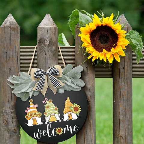 Targa di Benvenuto Girasole Gnomo in Legno Rustico Rotondo Appendino per Porta d'Ingresso Portico Parete Decorazione Con Fiocco