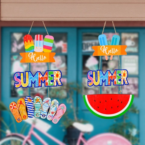 Summer Beach Wood Hanging Ornament Hello Summer Welcome Sign Ice Pop Flip-flop Watermelon Pattern For Door Wall Decor