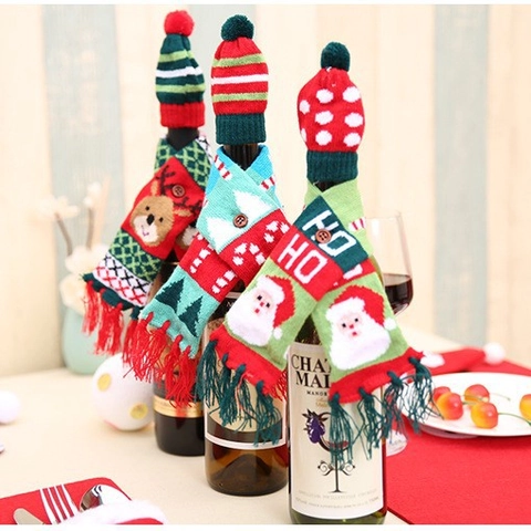 Christmas Wine Bottle Decoration Knitted Mini Hat And Scarf Santa Reindeer Xmas Tree Pattern Festive Party Table Ornament