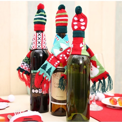 Christmas Wine Bottle Decoration Knitted Mini Hat And Scarf Santa Reindeer Xmas Tree Pattern Festive Party Table Ornament