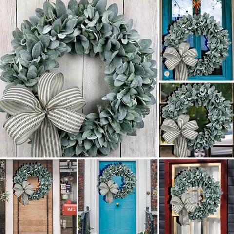 Artificial Flocked Lambs Ear Wreath with Striped Bowknot Eucalyptus Greenery Leaf Round Wreath for Front Door Home Wedding Party Wall Decor