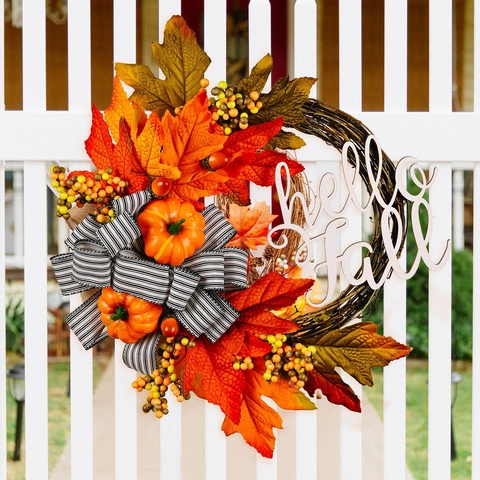 Ghirlanda Autunnale Artificiale Con Targa In Legno Hello Fall Zucca Foglie Di Acero Bacche Fiocco A Righe Per Porta D'Ingresso Decorazione Parete Ringraziamento