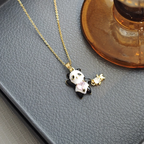 Collana Con Pendente Panda In Smalto Con Zircone Cuore Rosa Catena Oro Acciaio Inossidabile Gioielli Per Donna