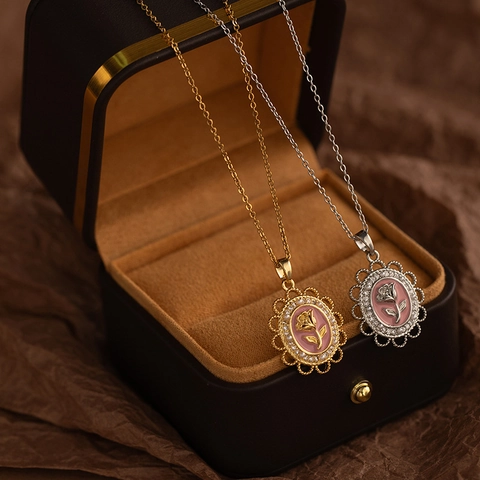 Collar Con Colgante De Flor De Rosa Vintage De Acero Inoxidable Joyería De Esmalte Cadena De Clavícula Romántica Francesa