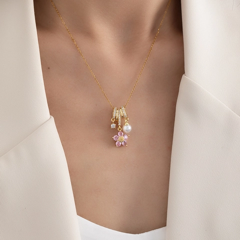 Collar Con Colgante De Flor De Circonita Con Perla Artificial Acero De Titanio Cobre Joyería Fina Versátil Para Mujer
