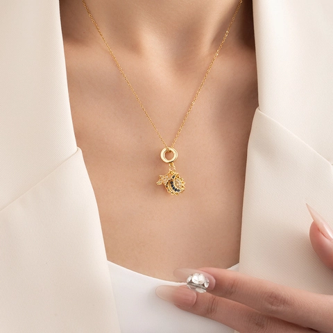 Collana Con Pendente Girasole Stella Luna Per Donna Rame Zircone Placcato Oro Gioielli Di Tendenza