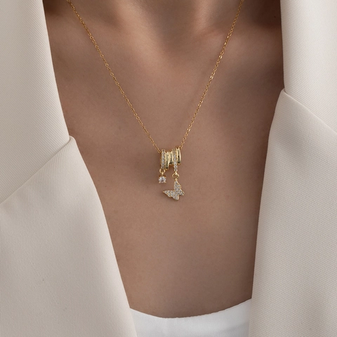 Collana Con Ciondolo A Farfalla In Acciaio Al Titanio E Rame Con Zirconia Cubica Gioielli Alla Moda Per Donna