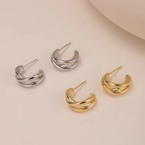 Geometric C Shape Stud Earrings Intertwined Double Layer Brass Jewelry With 925 Sterling Silver Earring Post For Women