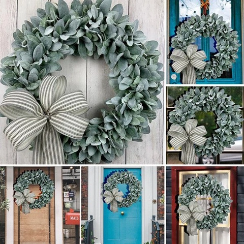 Farmhouse Artificial Lamb's Ear Wreath Striped Fabric Bow Flocked Eucalyptus Leaves Garland Front Door Wall Home Decor