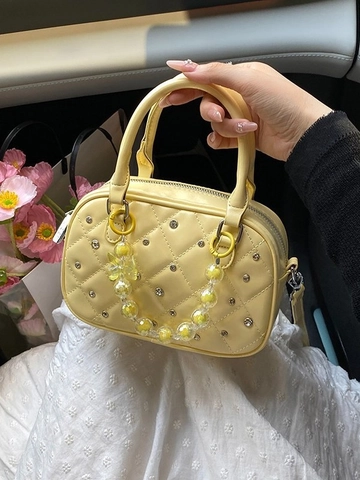 Damen Gesteppte PU-Leder Boston Handtasche Strass Niete Dekor Schulter Umhängetasche Mit Perlenkette Anhänger Elegante Geldbörse