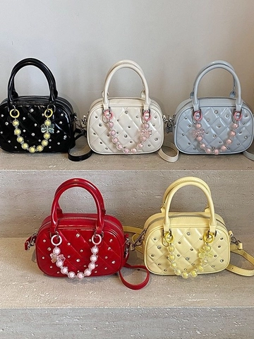 Damen Gesteppte PU-Leder Boston Handtasche Strass Niete Dekor Schulter Umhängetasche Mit Perlenkette Anhänger Elegante Geldbörse