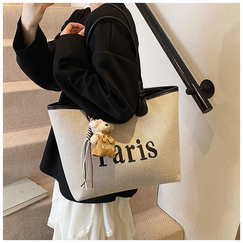 Large Capacity Canvas Tote Bag For Women With PU Leather Trim Paris Letter Embroidery Bear Charm Casual Shoulder Bag