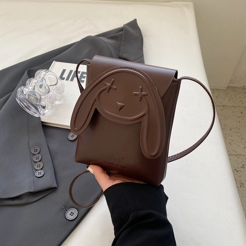 Bolso Bandolera de Cuero PU Casual para Mujer Diseño de Cara de Conejo de Dibujos Animados Ojos X Bolso para Teléfono Bolso de Hombro Pequeño Moda Lindo