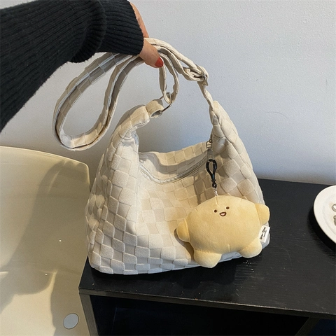 Große Kapazität Gewebte Canvas Umhängetasche Karierte Tote Handtasche Für Damen Casual Täglich Mit Plüsch Anhänger
