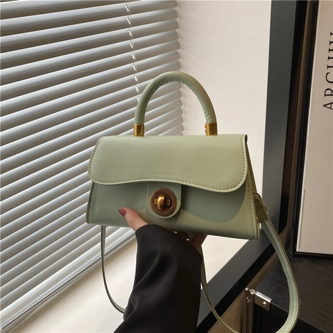 Bolso Cuadrado Pequeño de Cuero PU Vintage para Mujer Con Cierre Giratorio de Metal Costuras de Color Sólido Bolso de Hombro