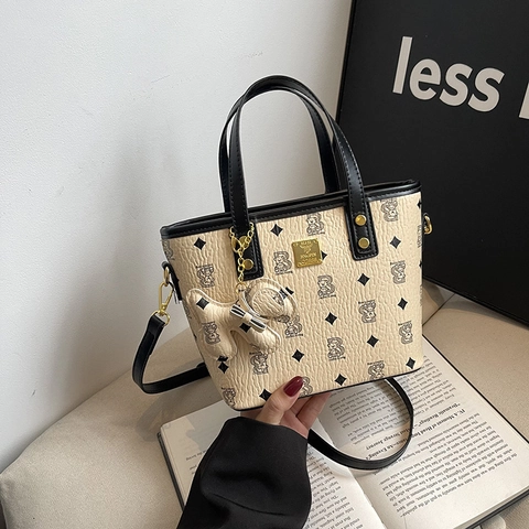 Vintage Printed PU Leather Bucket Bag For Women Fashion Bear Monogram Tote Crossbody Handbag With Removable Strap Daily Commute