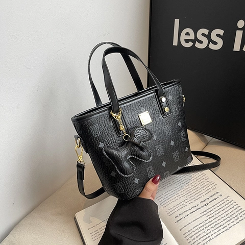 Vintage Printed PU Leather Bucket Bag For Women Fashion Bear Monogram Tote Crossbody Handbag With Removable Strap Daily Commute