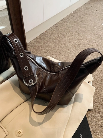 Große PU Leder Hobo Tasche Für Damen Vintage Weiche Falten Umhängetasche Mit Breitem Gurt Und Ösen