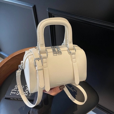 Women Retro Boston Bag PU Leather Crossbody Bag Small Pillow Cylinder Top Handle Handbag With Adjustable Shoulder Strap