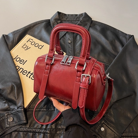 Women Retro Boston Bag PU Leather Crossbody Bag Small Pillow Cylinder Top Handle Handbag With Adjustable Shoulder Strap
