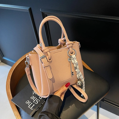 Women Minimalist PU Leather Bucket Bag 2025 New Versatile Crossbody Bag Litchi Texture Top Handle Bag With Braided Rope Charm