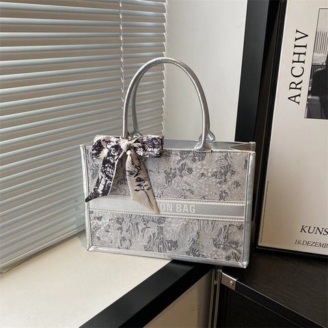 Bolso Tote De Jacquard Floral Con Pañuelo De Satén Decorativo Gran Capacidad Bolso De Mano Retro Para Mujer