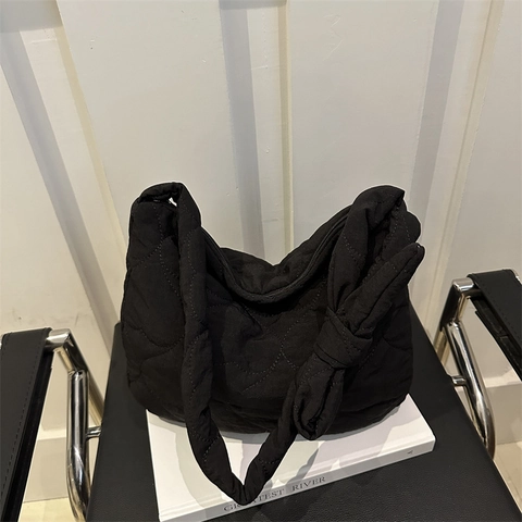 Women Fashion Quilted Heart Pattern Tote Bag Knot Strap Puffer Shoulder Bag Large Capacity Solid Color Casual Travel Bag