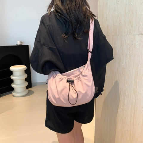 Borsa Tote in Tela alla Moda da Donna Grande Capacità Coulisse Increspato Borsa a Tracolla Casual Crossbody Bag Tinta Unita