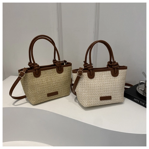 Franse Vintage Gevlochten Stro Emmer Tas Vrouwen Zomer Strand Handtas Retro PU Lederen Trim Schouder Crossbody Tote Tas